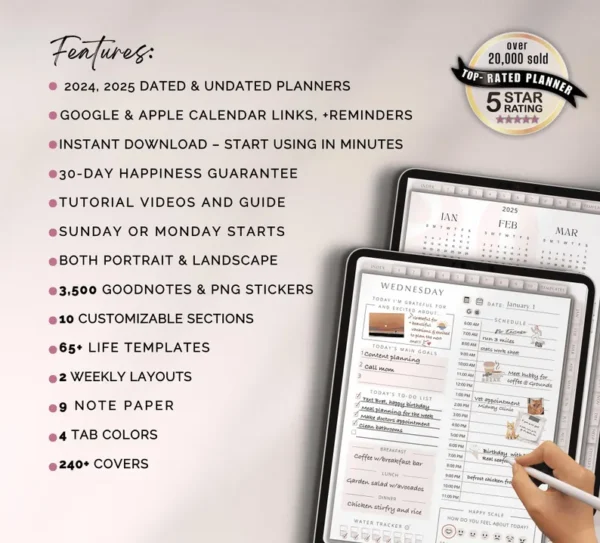 2025 Digital Planner GoodNotes Template for iPad Tablet and Phone with Apple & Google Calendar links Life Journal Daily Weekly and Monthly