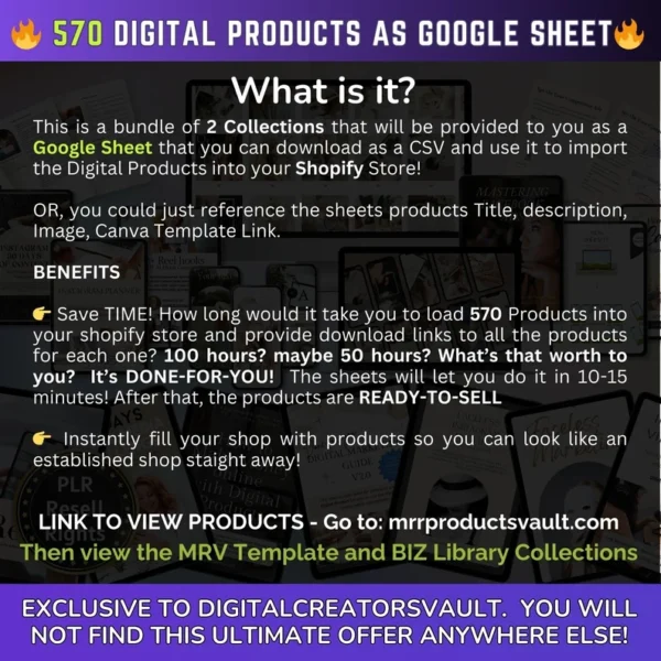 570 Digital Products Google Sheet CSV + Shopify Import files - Commercial Use - Plus Master resell rights MRR + PLR for the Products - Image 5